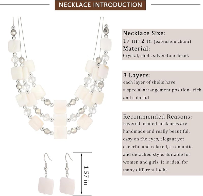 Errally Store Layered Beaded Statement Necklaces for Women Square Shell Bead Collar Necklace and Earring Set Birthday Gifts Boho Jewelry Sets for Women - Image 5
